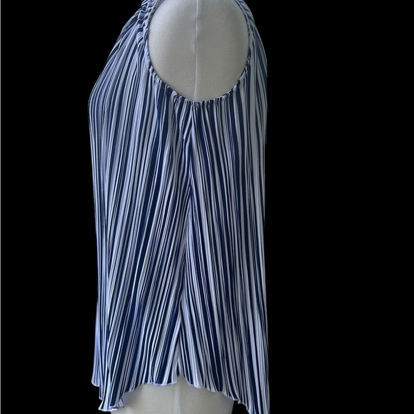 Blue and White Striped Mock Neck Flow Free Sleeveless Blouse Sz Medium - Picture 9 of 13